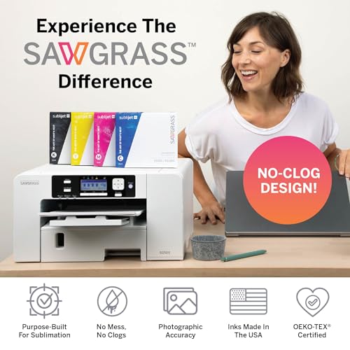 Sawgrass SG500 Sublimation Printer Starter Bundle | Anti-Clog Dye-Sublimation Printer with 20mL SubliJet UHD Inks & TruePix Paper | Purpose-Built for Sublimation | Wi-Fi Enabled | Easy Setup