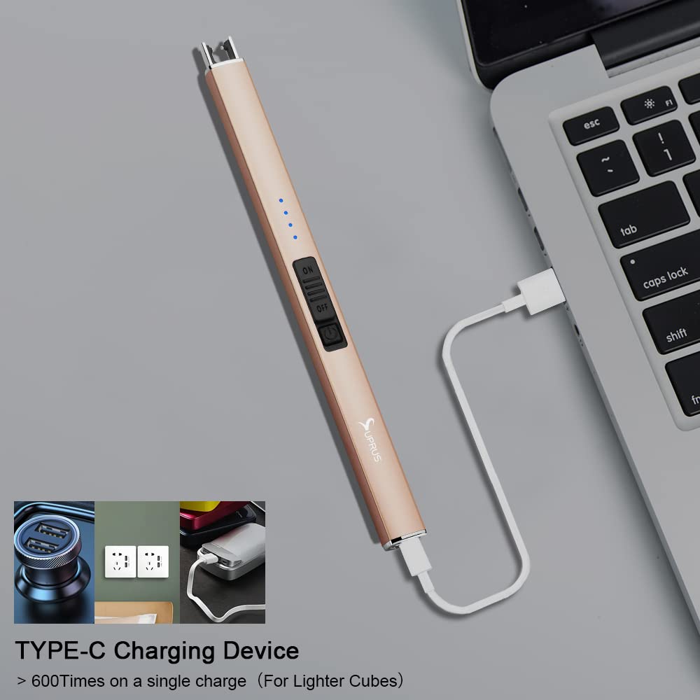 SUPRUS Electric Lighter Arc Windproof Flameless USB Lighter Rechargeable Lighter with Safety Lock for Candle BBQ Camping (champagne Gold) SUPRUS