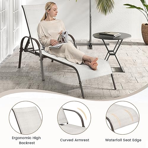 Giantex Set of 2 Patio Lounge Chair, Outdoor Chaise Lounge with 5 Adjustable Backrest, Sturdy Steel Frame, Sunbathing Recliner, Beach Chair, Tanning Chair for Outside, Yard, Balcony, Pool Chairs, Grey