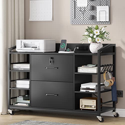 SEDETA 44" File Cabinet, Filing Cabinet fits Legal/Letter Size, 2 Drawer File Cabinets for Home Office with Lock, Power Strip, 6 Storage Shelves, Rustic Brown SEDETA