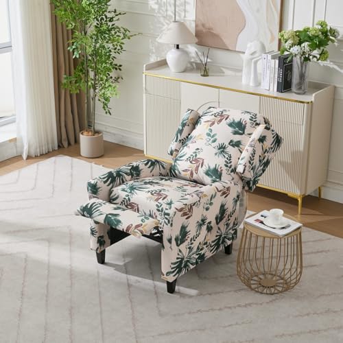 KISSLIVE Push Back Recliner Chair with High Back, Blue Floral Print Fabric Upholstery, Classic Wing Back Design, 250 LBS Capacity (Beige)