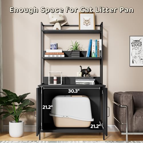 Cozy Castle Litter Box Enclosure with 2 Storage Shelves and 2 Doors, Hidden Cat Litter Box Enclosure Furniture with Shelf, Indoor Cat House Furniture for Most of Litter Box, Black Cozy Castle