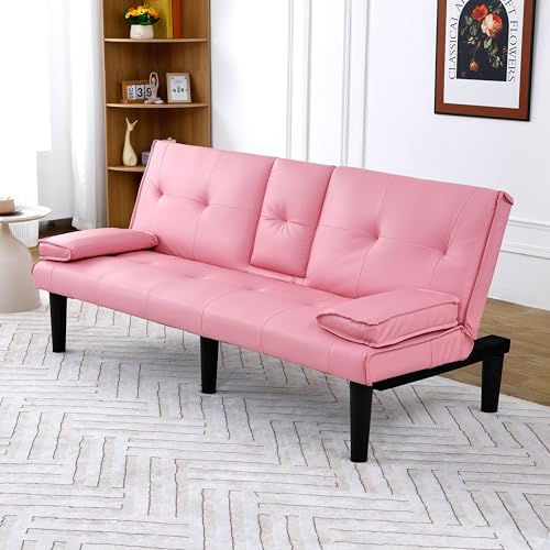 67-inch Multi-Functional Sofa Bed, Foldable Futon Couch with Adjustable Backrest & Cup Holders, Convertible Sleeper for Small Spaces, Living Room, Apartment, Office - Modern PVC Leather Couches(Pink) ALYIAMXL
