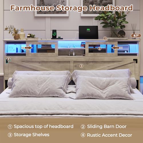 Hasuit Rustic Oak Queen Bed Frame with Bookcase Headboard, LED Lights, Charging Station & 2 Drawers Hasuit