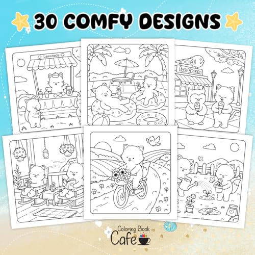 Comfy Summer: Cute and Cozy Coloring Book for Adults & Teens Featuring Summer Hygge Scenes with Adorable Animal Characters WoodArtSupply