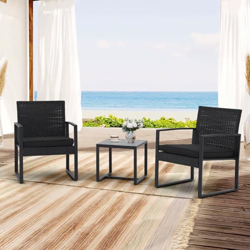 JOIVI 3 Pieces Patio Bistro Set, PE Wicker Outdoor Patio Furniture Set, Modern Rattan Patio Chairs with Coffee Table, Patio Conversation Sets for Balcony, Front Porch, Garden, Poolside, Black Cushions JOIVI