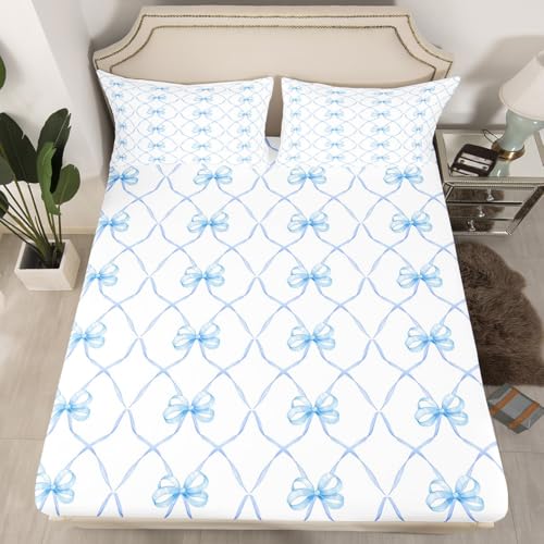 Erosebridal Bowknot Bed Sheets Set King Bow Knot Sheet Set for Kids Butterfly Knot Bow Tie Sheets Aesthetic Coquette Bedroom Decor Geometric Cartoon Blue Flat Fitted Sheet Erosebridal
