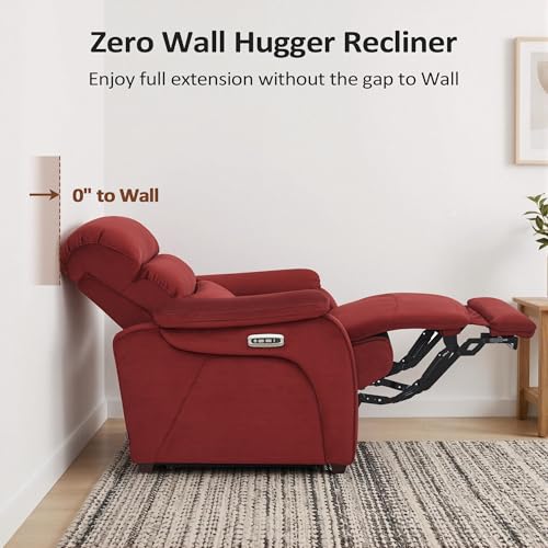 MCombo Power Zero Wall Hugger Recliner Chair for Small Space RV Living Room, Power Recliner with Adjustable Headrest, USB & USB-C Charging Ports, Fabric ST257 (Burgundy)