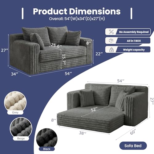 3-in-1 Convertible Sofa Bed: Boneless Loveseat Sleeper & Folding Couch Bed with 4 Pillows & Detachable Cushion, Furry Futon Couch for Bedroom, Apartment, Office and Living Room, No Assembly, Grey Winzoo