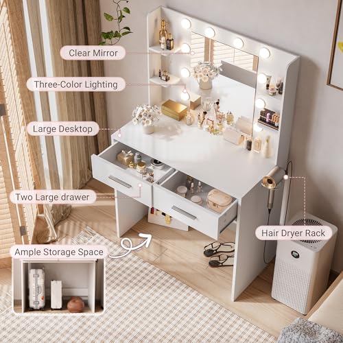 JUMMICO Makeup Vanity Desk with Mirror and Lights Power Outlet, Vanity Table Makeup Desk 2 Drawers, 6 Storage Shelves Hairdryer Holder & Bench Dressing Table for Bedroom (White, No Bench) JUMMICO