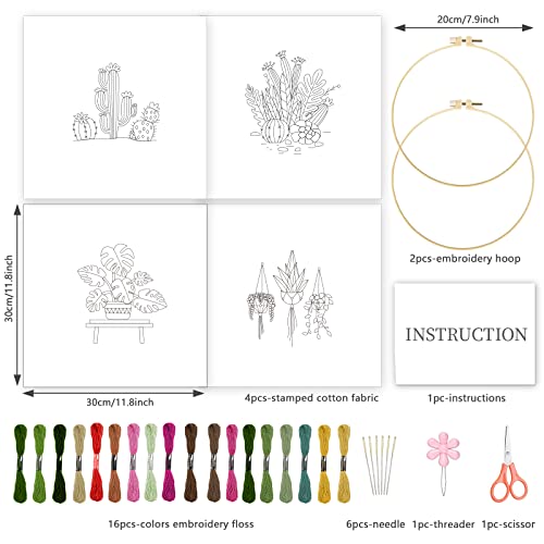 INFUNLY 4 Pack Tropical Plants Embroidery Kit for Beginners Adults Cactus Embroidery Starter Kit Punch Needle Embroidery Kits Palm Leaf Cross Stitch Kits with Patterns Instructions for DIY