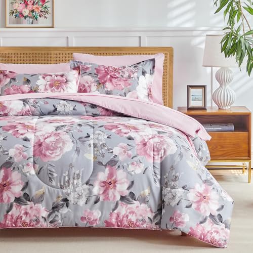 Joyreap 3pcs Floral Comforter Set Full/Queen, Tie-dye Pink Flowers on Gray Design, Microfiber Lightweight Bedding Comforter Set for All Season- 88x88 inches Joyreap