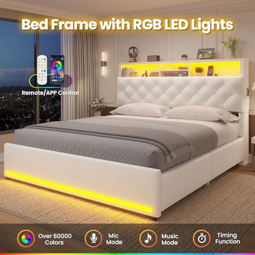 HAUOMS Full Size Bed Frame with Bookcase Headboard,LED Bed Frame with Charging Station, 4 Storage Drawer, Modern Velvet Upholstered Platform Bed with 5 Shelf, No Box Spring Needed, Creamy White HAUOMS