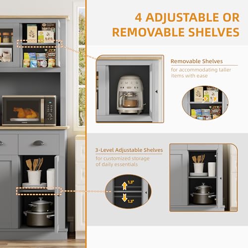 Buytime 71" Kitchen Hutch with Charging Station, Tall Pantry Storage Cabinet with Microwave Stand, Adjustable Shelves, Slide Drawers, Large Buffet Pantry Cabinet for Kitchen, Dining Room, Grey Buytime