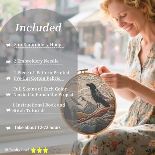 FONNUY Embroidery Kit, Featuring Crow and Landscape Patterns, Cross Stitch Kits for Both Adults and Beginners, Handmade Crafts Printed Pattern Set, Color Thread Needlework, 8'' Hoop (Fearless Bird)