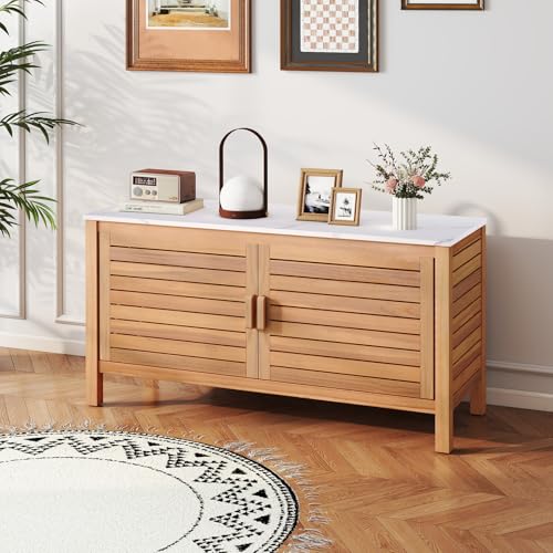 Goplus Patio Storage Cabinet, 2-Door Acacia Wood Console Table with Faux Marble Top, Outdoor Wooden Sideboard for Deck, Garden, Backyard & Entryway Goplus