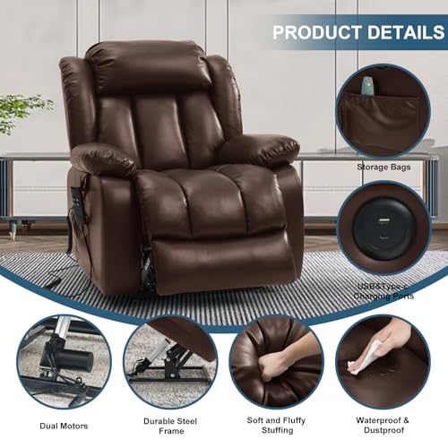 MEROUS Dual Motor Power Lift Recliner Chair for Elderly, Infinite Position Lay Flat Lift Chair with Massage and Heat, USB Ports, Leather (Brown)