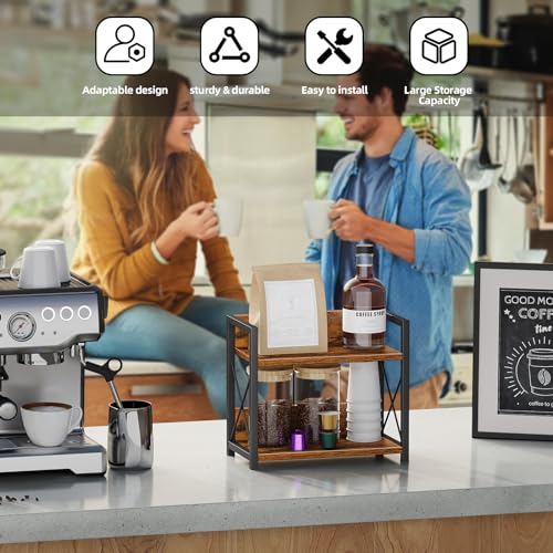 Giikin Countertop Shelf Organizer, 2 Tier Kitchen Spice Rack Organizer for Countertop, Wood Coffee Counter Shelf Organizer for Home (Brown, S) Giikin