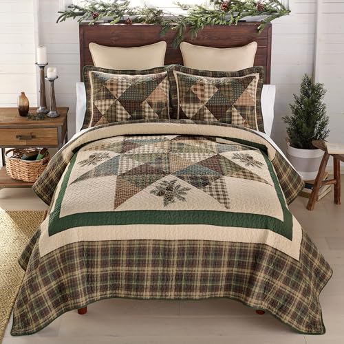 Donna Sharp Pine Star Pieced Embroidered Cotton Quilted Bedding Set - 3-Piece King Size Quilt Set - Includes 1 Quilt and 2 Pillow Shams - Machine Washable - Perfect for Rustic Decor Donna Sharp