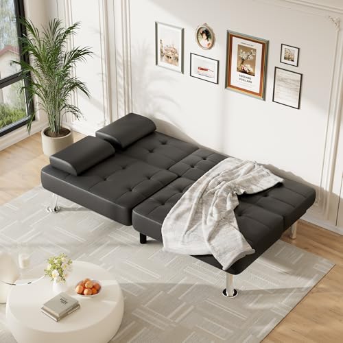 Furmax Futon Sofa Bed Adjustable Futon Couch Sleeper Sofa Bed for Living Room, Business Office, Recliner Sofas with Cup Holders (PU Leather, Black) Furmax