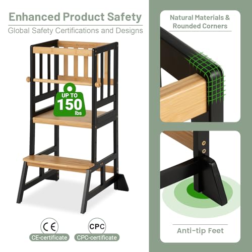 COSYLAND Toddler Standing Tower - Adjustable Height Toddler Kitchen Stool Helper - Kids Kitchen Step Stool for Learning with Removable Safety Railing Black&Natural COSYLAND