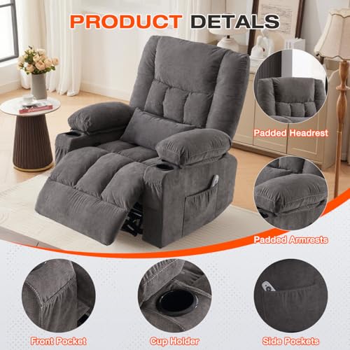 Swivel Recliner Chair for Adults,Oversized Rocker Recliner with Vibration Massage and Lumbar Heat,Ergonomic Rocking Chair with Side Pocket,2 Cup Holders,USB Charge Port for Living Room