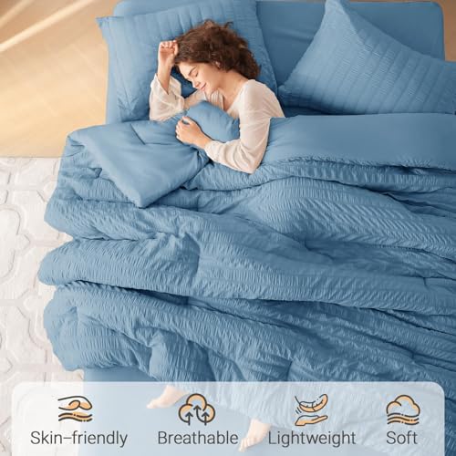 MUXHOMO 7 Pieces King Comforter Set, Seersucker Bed in a Bag King Size, All Season Luxury Bedding Set with Comforter, Flat Sheet, Fitted Sheet, Pillowcases & Shams, Mineral Blue MUXHOMO
