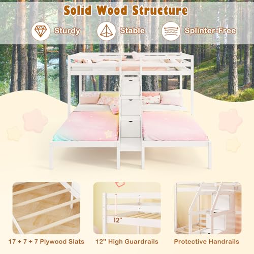 KOTEK Triple Bunk Bed with Stairs, Twin Over Twin & Twin Bunk Bed Frame with Guardrail & Storage, Wooden Bunkbeds for 3 Kids Teens, No Box Spring Needed (White) KOTEK
