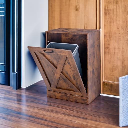 Zvyteay 13 Gallons Tilt Out Trash Can Cabinet, Wooden Free Standing Kichen Waste Bin Recycling Cabinet Hidden Trash Cabinet Laundry Cabinet Pet Food Cabinet (Rustic Brown) Zvyteay