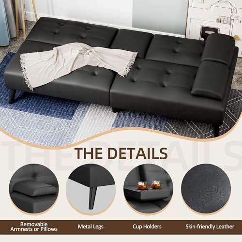 Shintenchi Futon Sofa Bed, Leather Foldable Couch, Reclining Sleeper with Removable Armrests, Upholstered Loveseat Sofa Couch with Folding Cup Holders for Home, Office(Black) Shintenchi