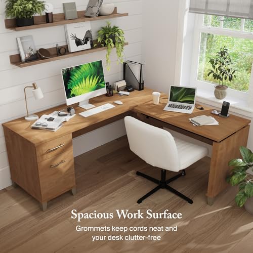 Bush Furniture Somerset 72W 3 Position Sit to Stand Adjustable Standing L Shaped Desk in Maple Cross, Ergonomic Corner Computer Office Table Bush Home