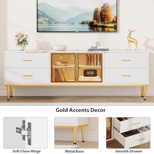 Garvee Fluted TV Stand with Storage Drawers for TVs Up to 75 Inch, Entertainment Center TV Table with LED Lights and Glass Door, Media Console with Faux Marble Top for Living Room, Bedroom, White Garvee
