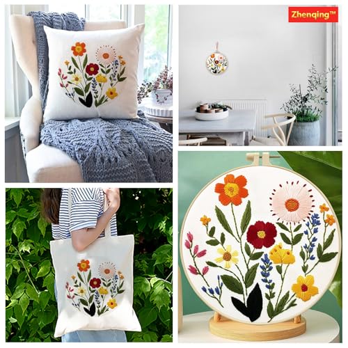 Zhenqing Flower Embroidery Kit for Beginners, Floral Hand Embroidery Starter Kit with Pattern, Wildflower Needlework Craft Set with Cotton Fabric, Hoop, Threads, Needles and Embroidery Tools (C0125)