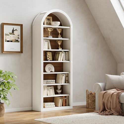 LITTLE TREE 8-Tier Bookcase, 78.7" Tall Bookshelf with Arched Top, Large Freestanding Wooden Open Bookcase Bookshelf, Modern Book Shelf Organizer for Living Room, Bedroom, Office, Library, White Brown LITTLE TREE