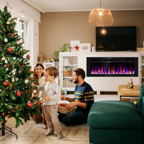 43 Inch Electric Fireplace Recessed and Wall Mounted, Fireplace Heater and Linear Fireplace, Ultra-Thin Electric Fireplace, Low Noise, with Timer, Remote Control, Adjustable 12 Flame Color, 750/1500W Sixfivsevn