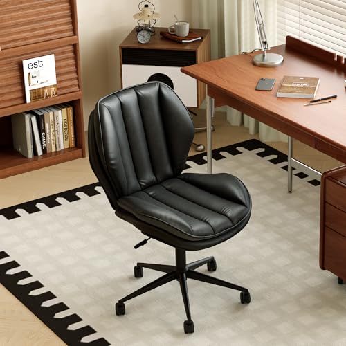 Home Office Desk Chair with Wheels, Armless Adjustable Height PU Leather Office Chair, Mid Back Ergonomic Computer Chair, Walnut Curved Seat Design No-Arm Chair (9008-Black) GAMVIETE