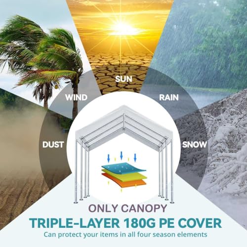 10'x20' Upgraded Carport Replacement Top Canopy Cover for Car Garage Shelter Tent Party Tent with Ball Bungees White (Only Top Cover, Frame is not Included) Vanteriam