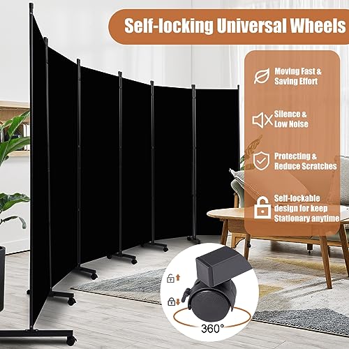Room Divider Folding Privacy Screens with Wheels, 6FT Tall Divider for Room Separation, Movable Room Partitons and Dividers, Indoor Room Dividers Panel with Fabric (Black, 6 Panel-132‘’-Wheels) HOMSCREENER