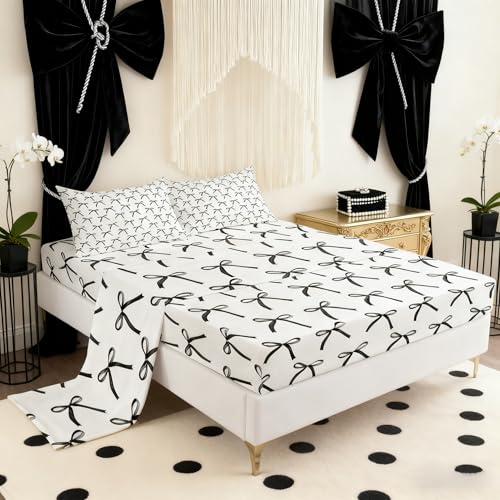 Cartoon Bowknot Kids Sheet King Size,Bow Tie Geometric Patchwork Modern Bedding Set,Girls Women Room Decor,Bow Butterfly Knot Black White Simple Bed Sheet Set 4pcs(Fitted + Flat + 2 Pillowcases) Manfei
