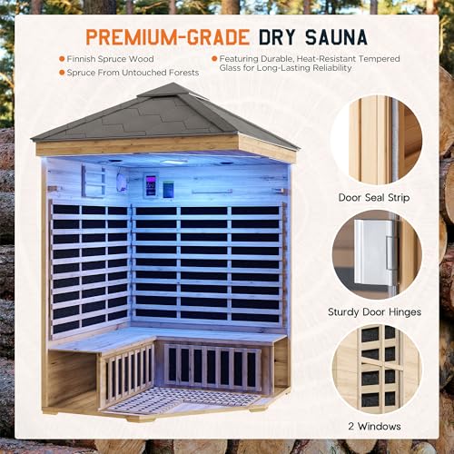 Albott Outdoor Sauna 4 Person, Infrared Saunas for Home, Low EMF 2850W/240V/20A Spruce Wood Dry Sauna with Tourmaline Stone Foot Warmer, 7-Color Light Therapy & 2 Bluetooth Speakers, 59.1"x59.1"x98.4" Albott