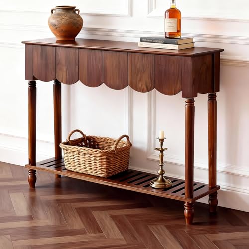 UACSYBH Wood Scalloped Console Table with 3 PCS Drawers, Narrow Entryway Table with Storage Shelf, Mid-Century Hallway Accent Table, Behind Couch Sofa Table Space-Saving (46.4" - 3 Drawers) UACSYBH