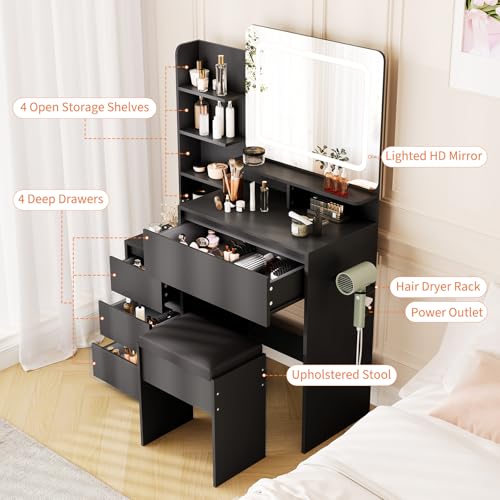 GarveeHome Vanity Desk with Mirror and Lights, Makeup Vanity with Power Outlet, 3 Color Adjustable Light, Dressing Table with 4 Drawers, Storage Shelves & Stool for Bedroom, Black GarveeHome