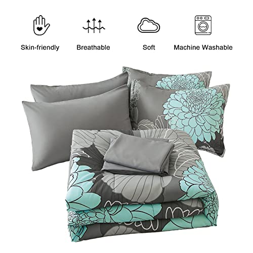 Yiran 7 Pieces Bed in a Bag Floral Comforter Set Queen Flowers Bedding Set Soft Microfiber Boho Comforter Sets with 1 Comforter 1 Flat Sheet 1 Fitted Sheet 2 Pillowshams and 2 Pillowcases Yiran