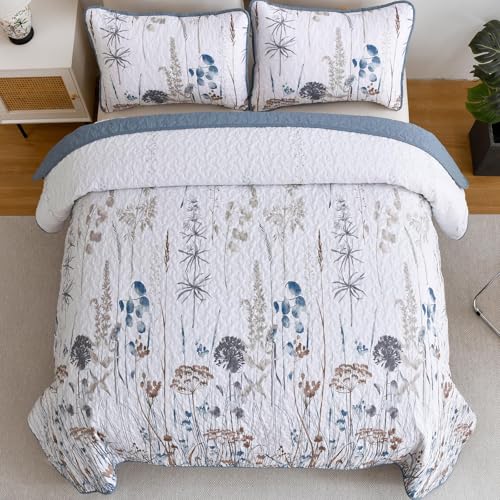 Dobuyly Blue Quilt California King Size Floral Botanical King Quilt Bedding Set 3 Pieces Soft Lightweight Microfiber Flower Bedspread Coverlet Set for All Season, 112"x96" Dobuyly