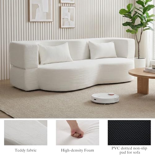 2-in-1 Folding Convertible Sofa Bed - 78 Inch Boneless Teddy Loveseat Sleeper, Foldable Floor Futon Couch with Pillow, Pull-Out Modular Matress for Small Spaces (Living Room/Bedroom/Dorm) (White) Hdxdkog