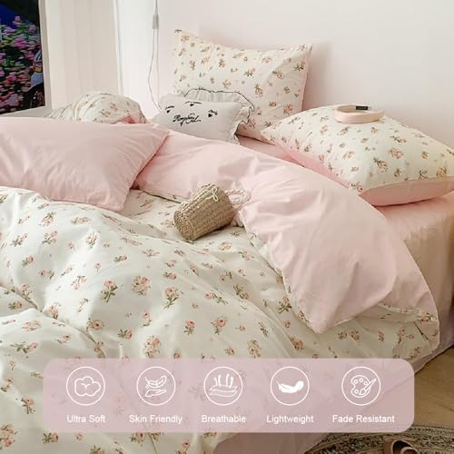 Erwinmu Floral Duvet Cover Set Twin Size,Pink Floral Flowers Bedding Duvet Cover with Zipper Closure,Reversible Comforter Duvet Cover and 1 Pillowcase Erwinmu