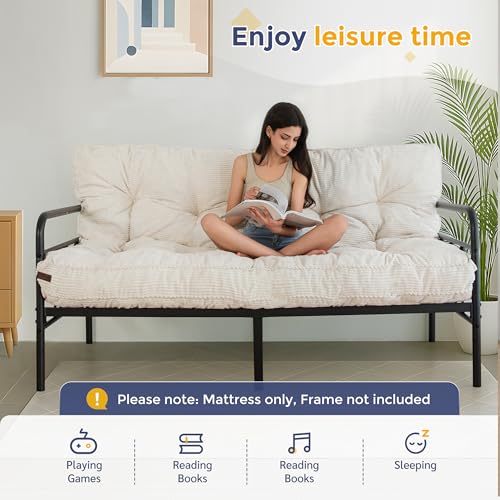 MAXYOYO 6" Futon Mattress Full Size, Tufted Futons Sofa Couch Bed with Twisted Rope Design Edging, Thick Corded Fabric Floor Mattress for Adults, Shredded Foam Filling (Frame Not Included), Beige MAXYOYO