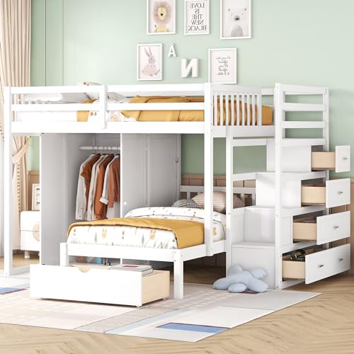 Ball & Cast Full Over Twin Bunk Bed with Safty Guardrail & Storage Stair,Wood Loft Bedframe W/Wardrobe & Drawers,Space-Saving Design,Easy Assembly,Versatile Furniture for Boy Girl Teen Bedroom,White Ball & Cast