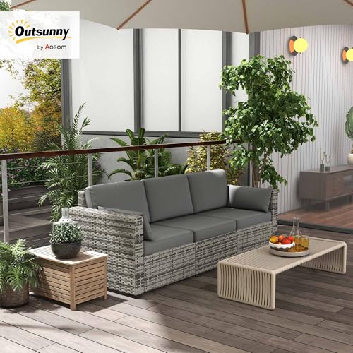 Outsunny Patio Couch PE Wicker Deep Seating Outdoor Sofa with Removable Cushions, 3 Seater Rattan Sofa, Outdoor Furniture for Balcony, Deck, Garden and Poolside, Gray Outsunny