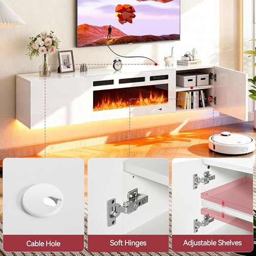 MXV 70'' Floating TV Stand, Modern Media Entertainment Center with 36" Electric Fireplace, TV Console Cabinet Wall Mounted, Adjustable 12-Color LED Lights, for Living Room, White + White MXV